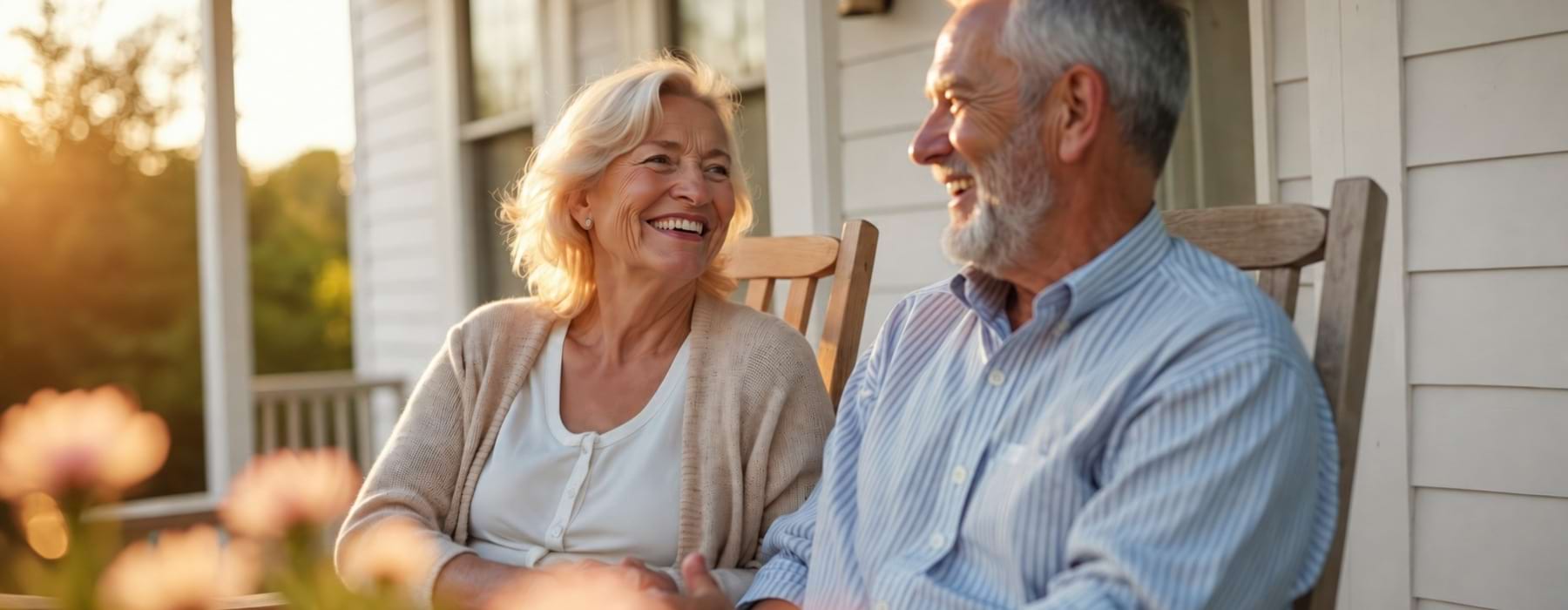 a couple sitting on a front porch relaxing